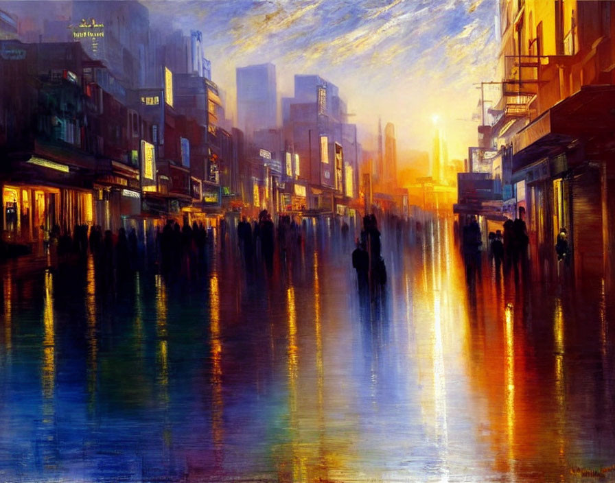 Colorful city street painting at sunset with silhouetted figures and reflective surfaces.