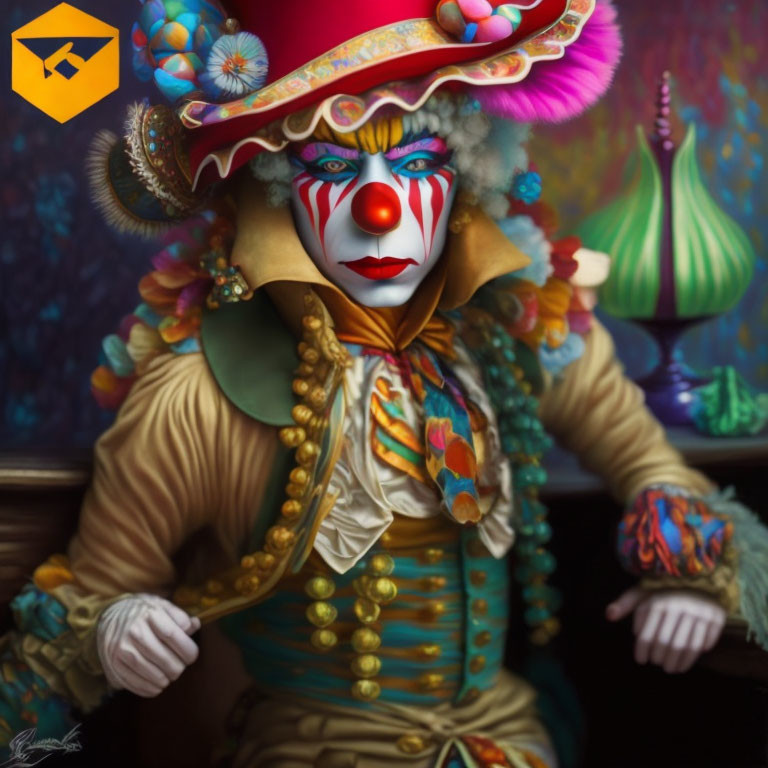 Colorful Clown in Ornate Costume with Painted Face and Whimsical Hat