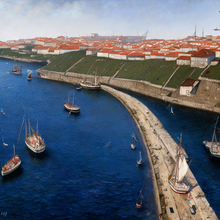 Historic fortified city by the sea with sailboats in blue waters