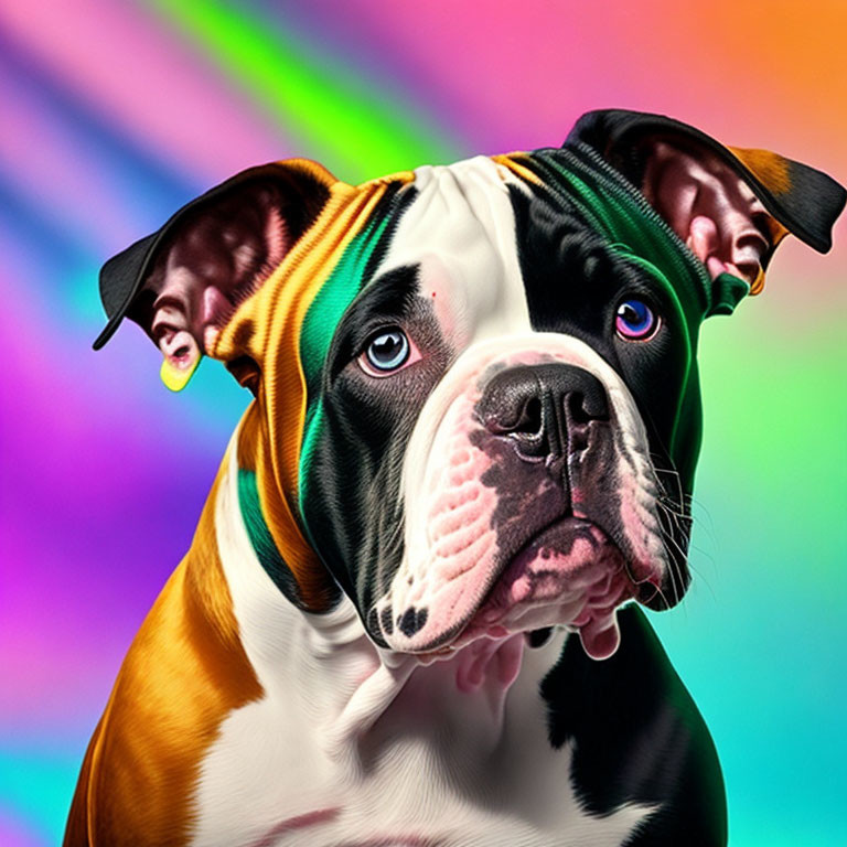 Vibrant multicolored dog with rainbow background