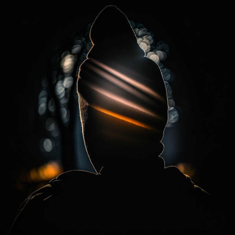 Silhouette of person in hoodie with light streaks on dark background