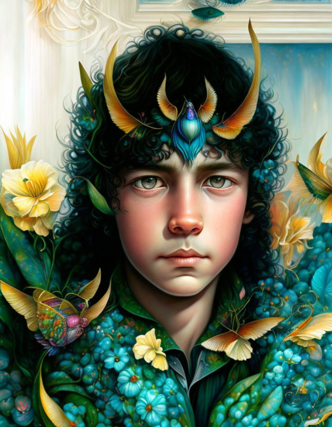 Youthful portrait with vibrant flowers, feathered hair, and mystical gem