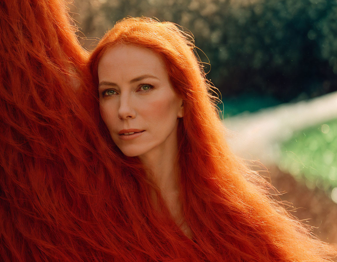 Red-haired woman gazing into the distance in nature scenery