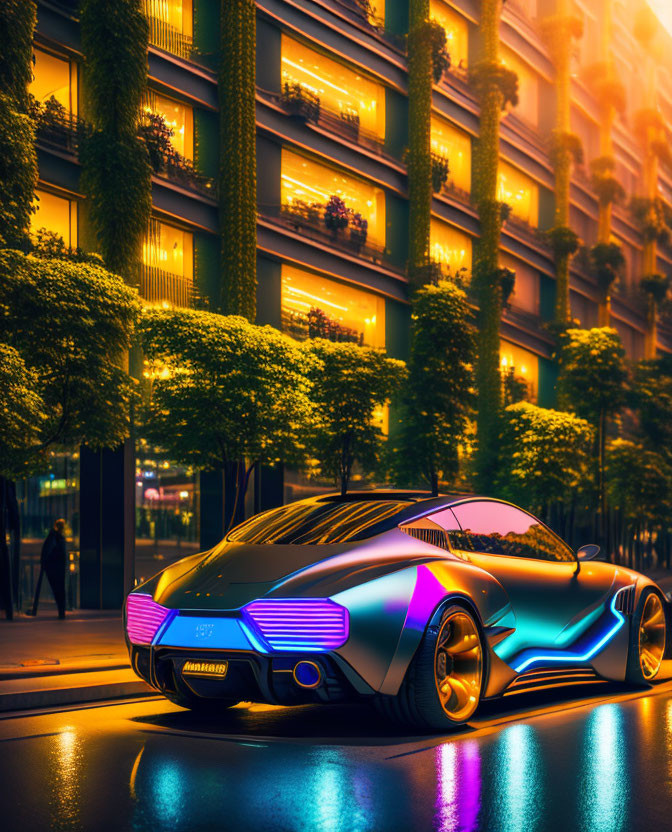 Futuristic car with neon lights parked on wet street at dusk