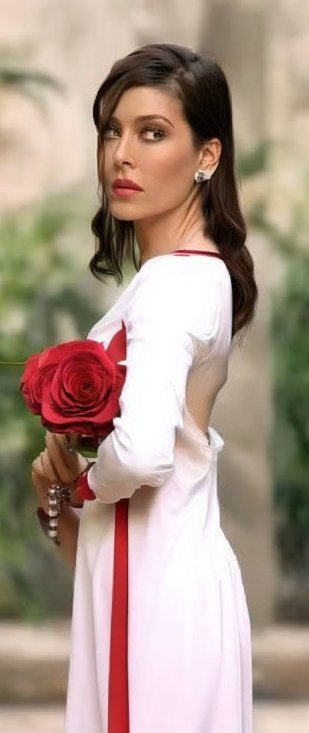 Woman in white dress with red ribbon holding red roses bouquet in blurred background