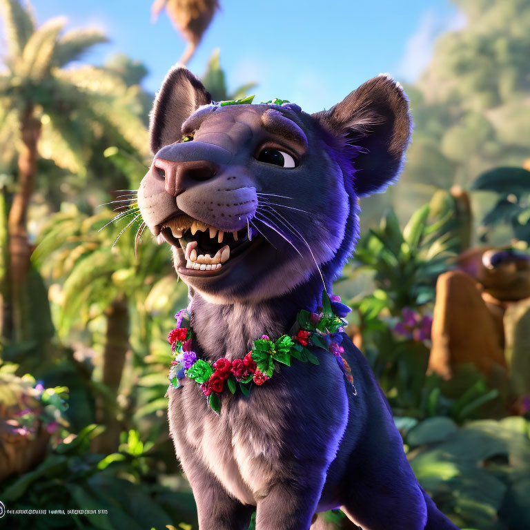 Smiling animated panther in colorful flower lei in lush jungle