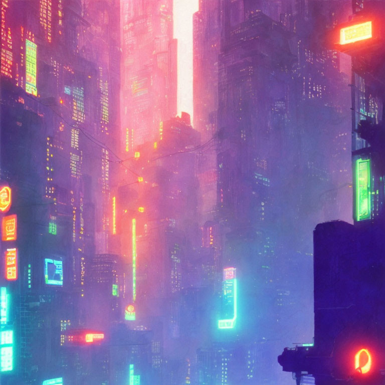 Futuristic neon-lit cityscape with skyscrapers at dusk