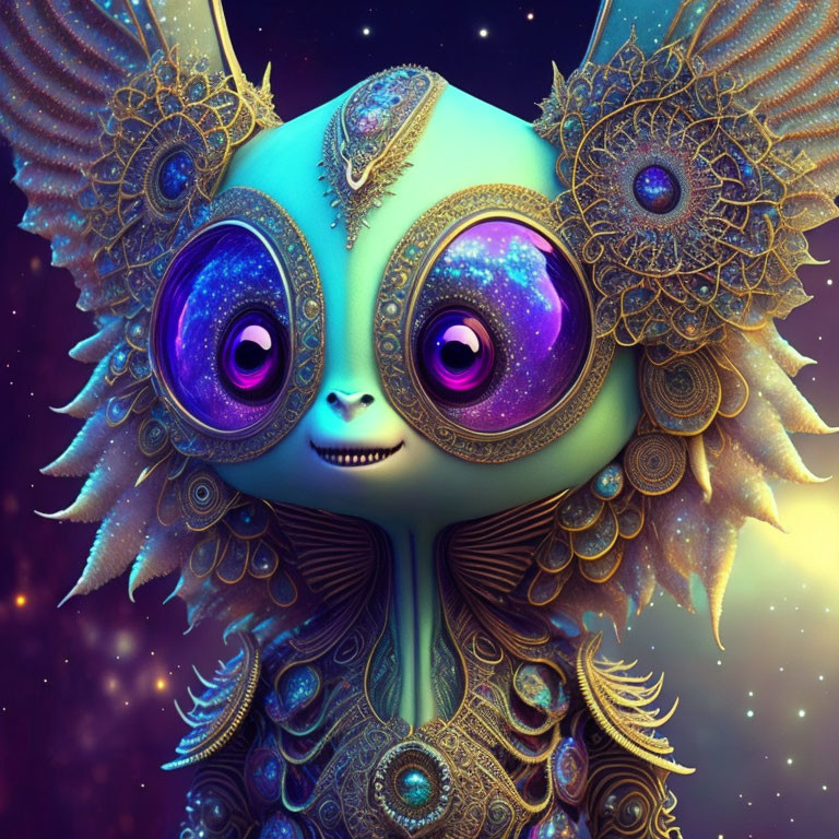 Whimsical creature with large purple star-filled eyes and golden head adornments