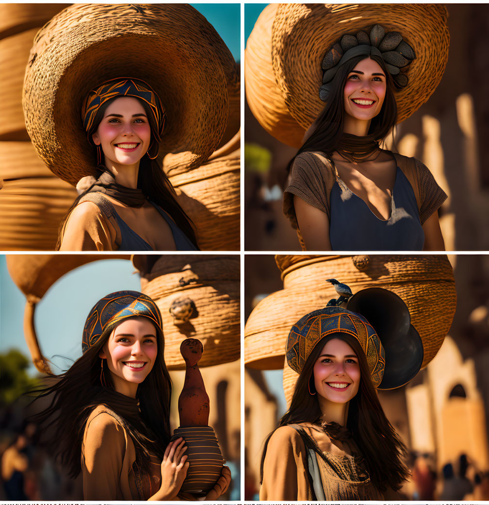 Woman in Straw Hat Smiling in Four Outdoor Poses