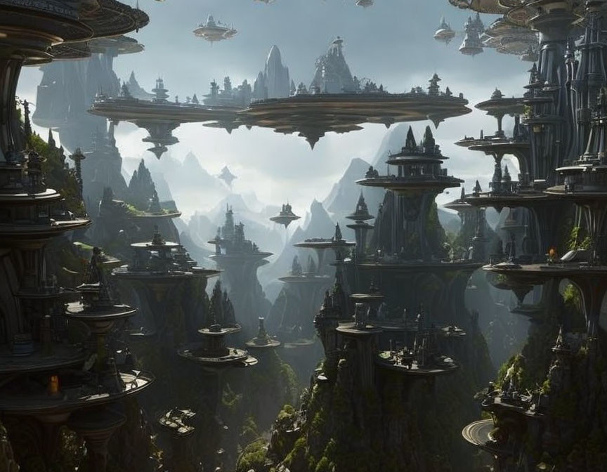 Fantastical cityscape with towering spires and floating islands in mountainous terrain.