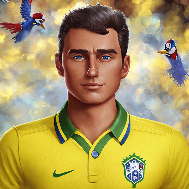 Man in yellow soccer jersey with brown hair surrounded by colorful birds and bokeh background