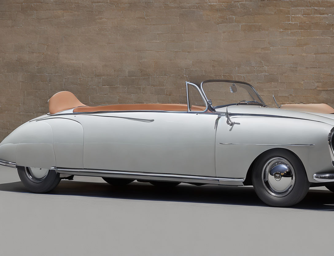 Vintage Silver Convertible Car with Whitewall Tires and Tan Interior Against Brick Wall