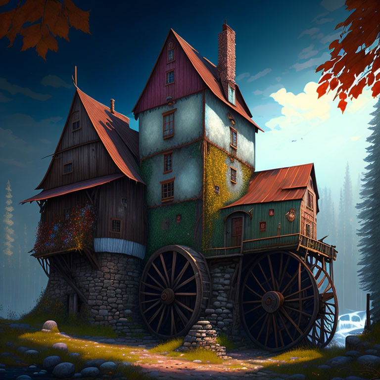 Whimsical multi-story house on wheels in forest with autumn leaves