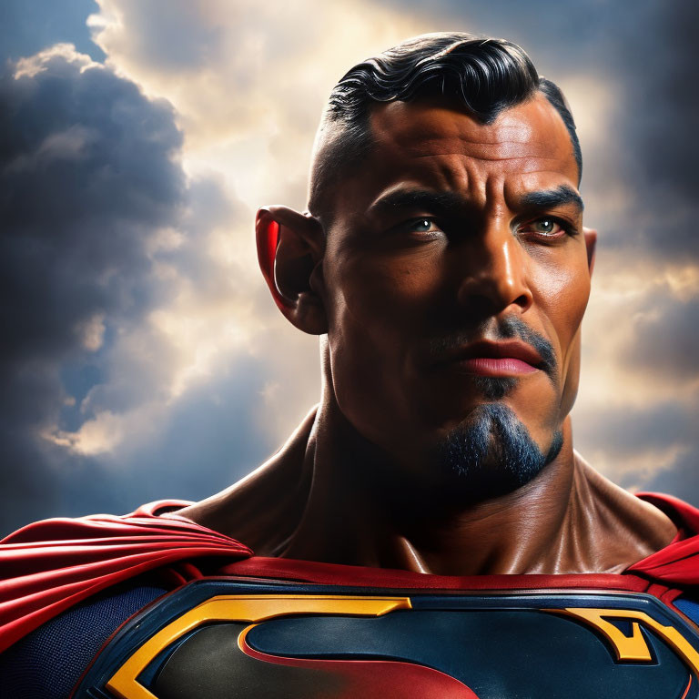 Stylized Superman-inspired portrait against dramatic sky