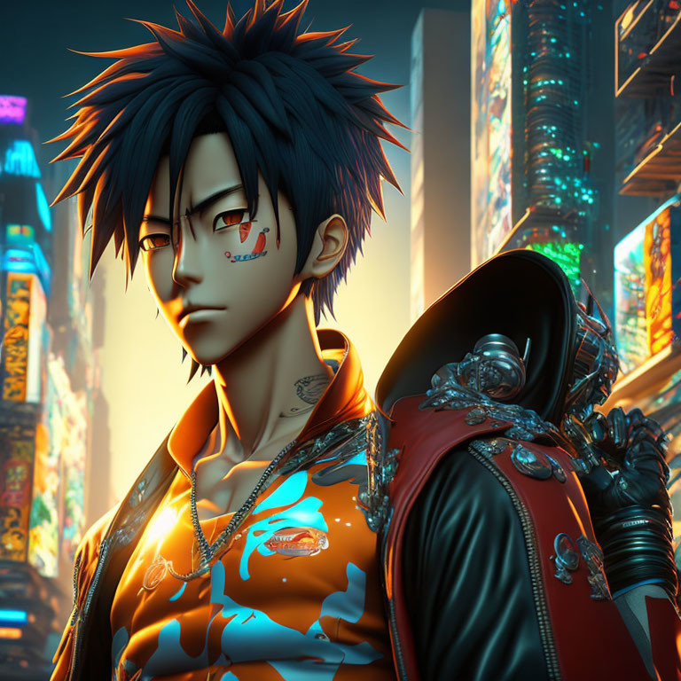 Spiky-haired 3D character in neon-lit cityscape with red jacket