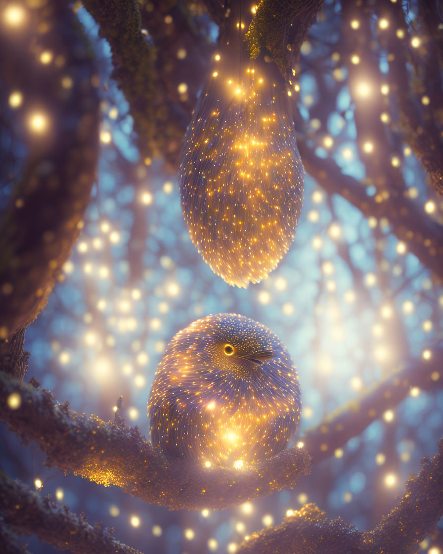 Starry bird perched on branch in mystical forest landscape