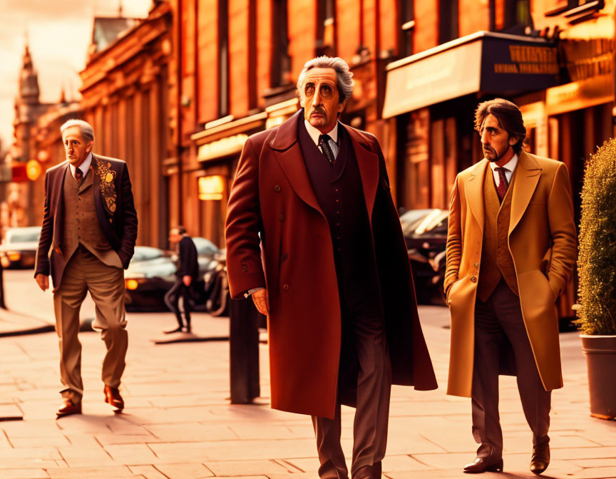 Stylish Men Walking in Vibrant Overcoats and Suits