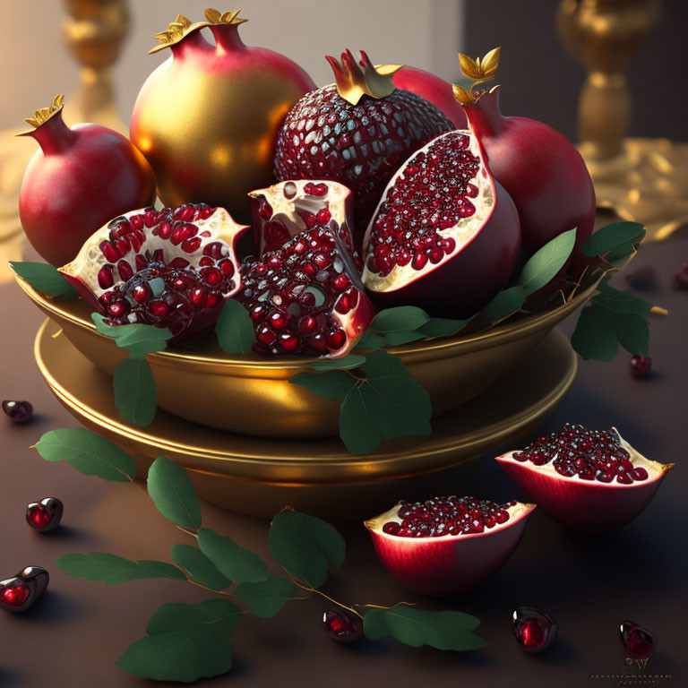 Fresh pomegranates and seeds on golden dishes with leaves, dark backdrop