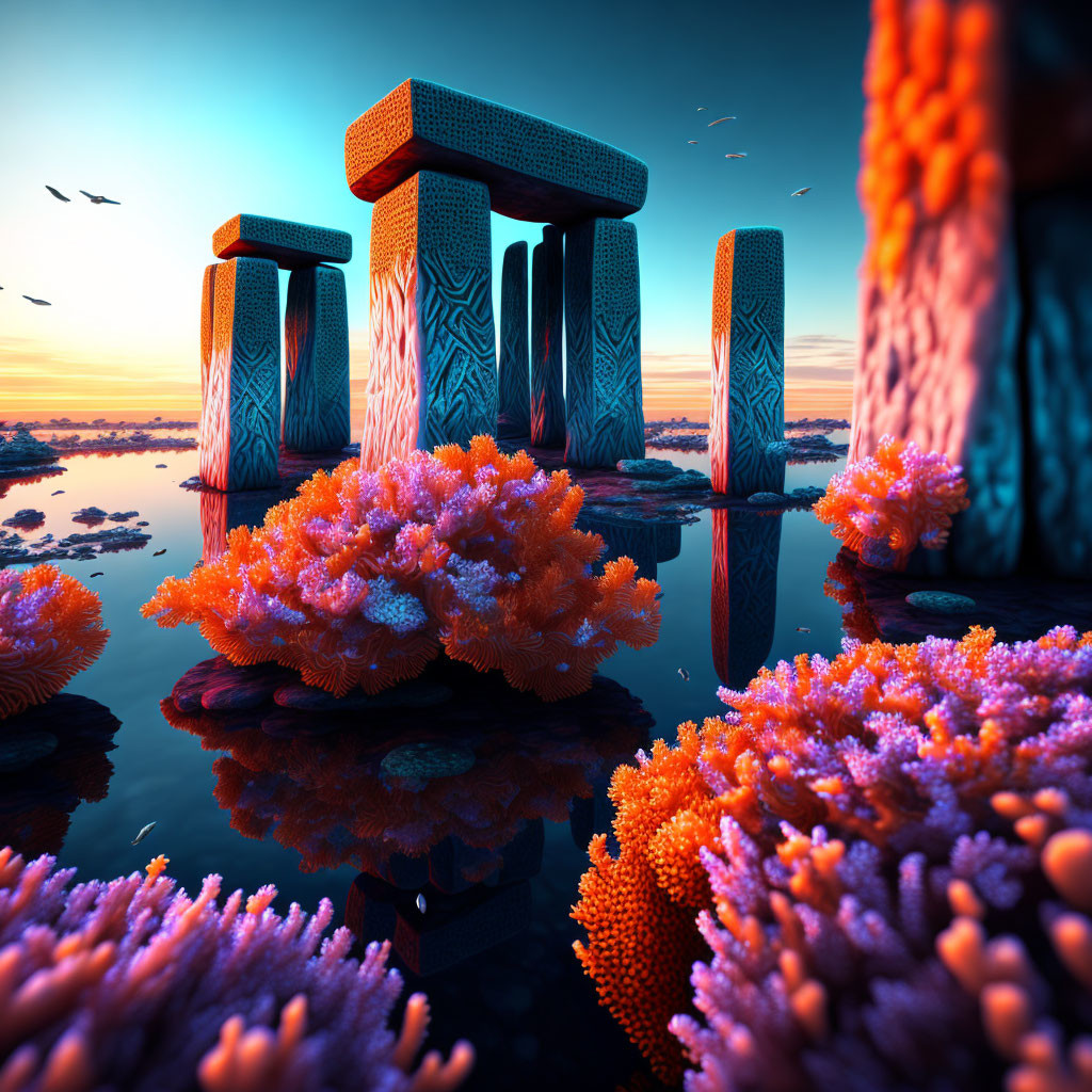 Surreal landscape with Stonehenge-like pillars, vibrant corals, reflective water, sunset sky