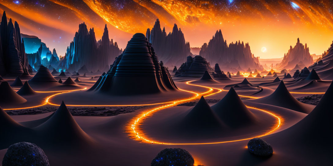 Surreal landscape with conical mountains and lava river under two suns