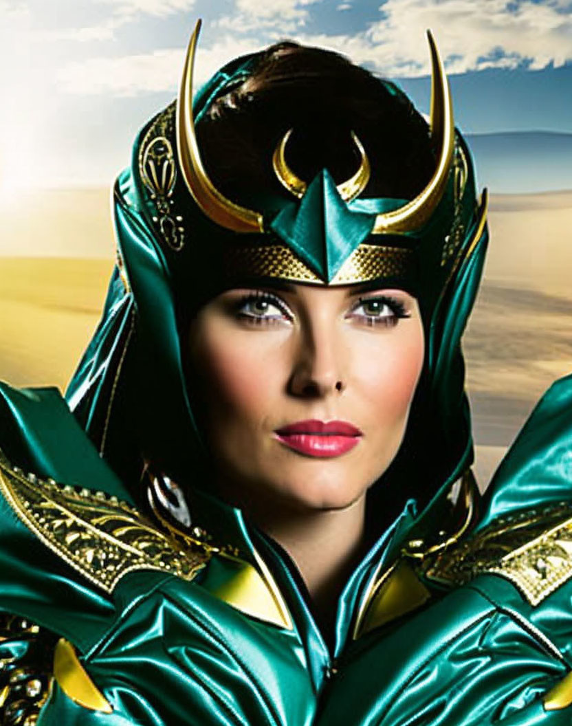 Detailed Green and Gold Costume with Horned Helmet on Woman against Sky