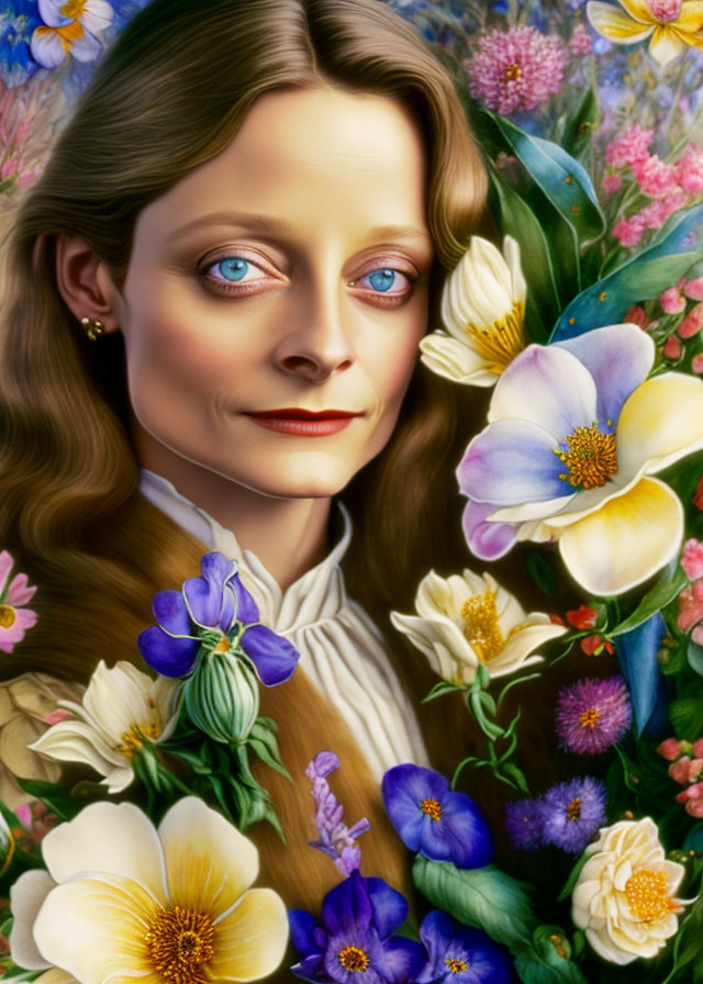 Realistic portrait of a woman with vivid blue eyes and colorful flowers