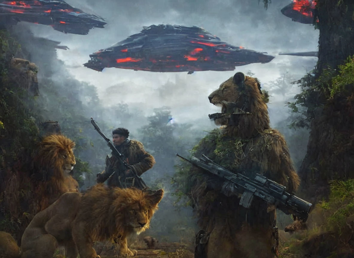 Man and two lions in misty jungle with sci-fi ships and glowing red accents.