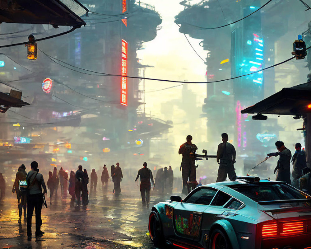 Futuristic city scene with neon signs, sports car, and crowded streets