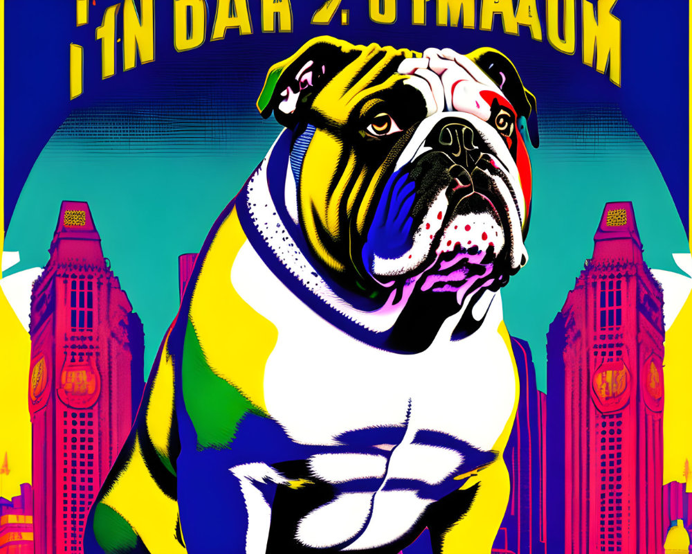 Vibrant Bulldog Pop Art Illustration with City Skyline Background