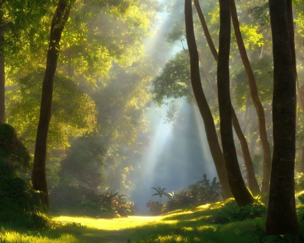 Forest scene: Sunlight through foliage, warm radiant glow.