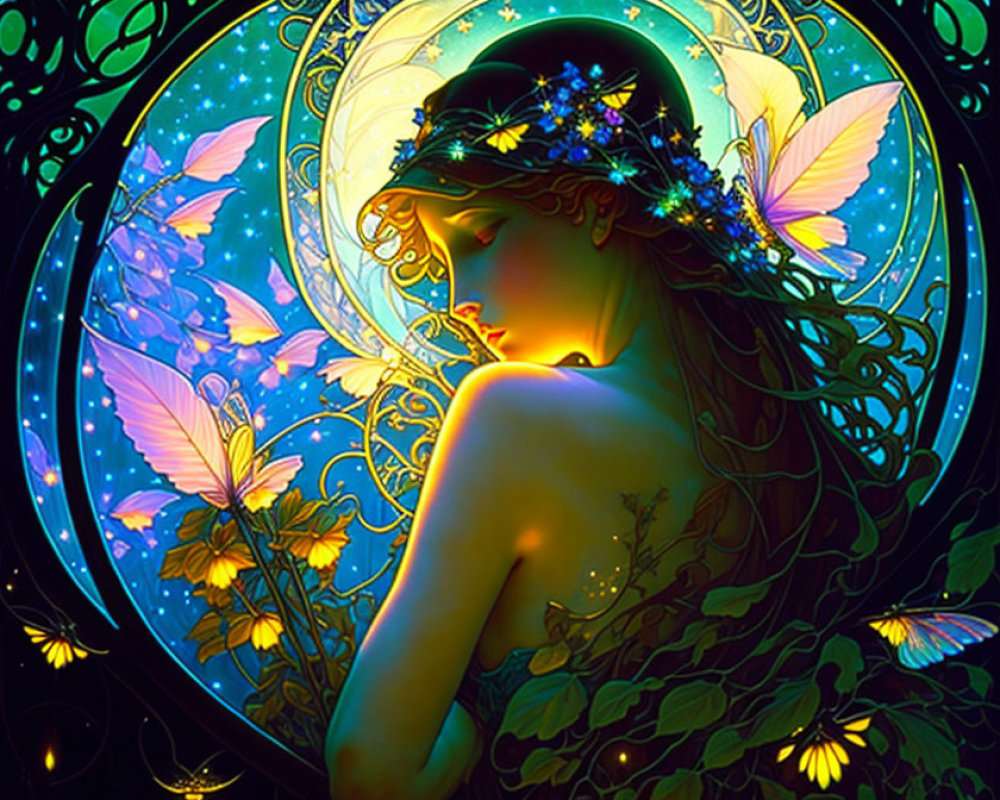 Colorful mystical woman with butterfly wings in moonlit garden