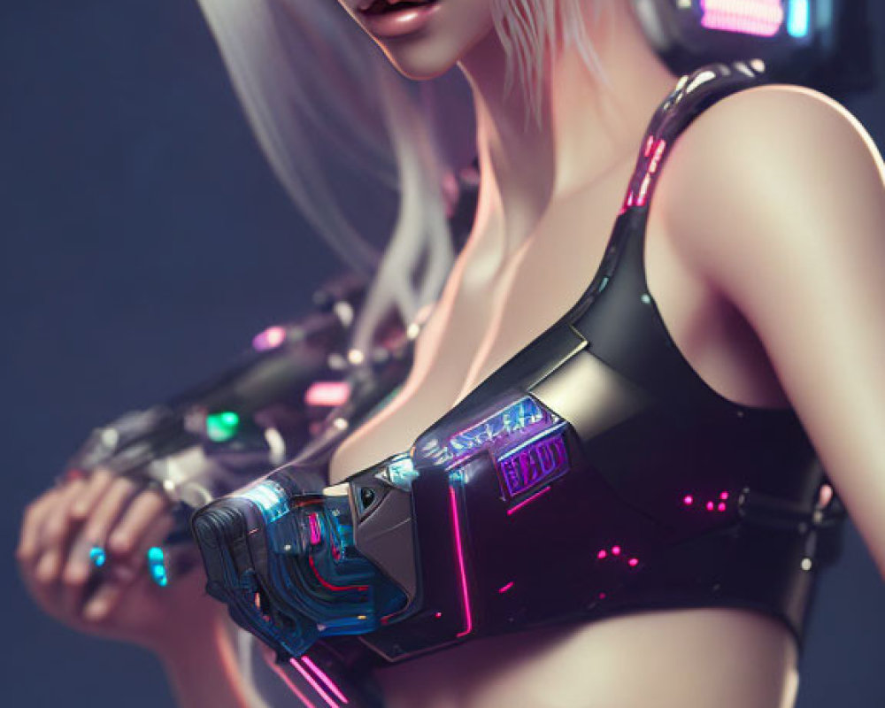 Silver-haired female character with cybernetic arms in futuristic setting.