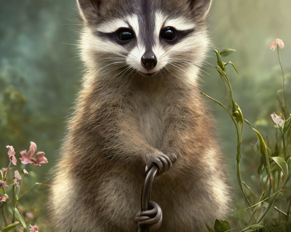 Adorable raccoon in nature with metal object and pink flowers