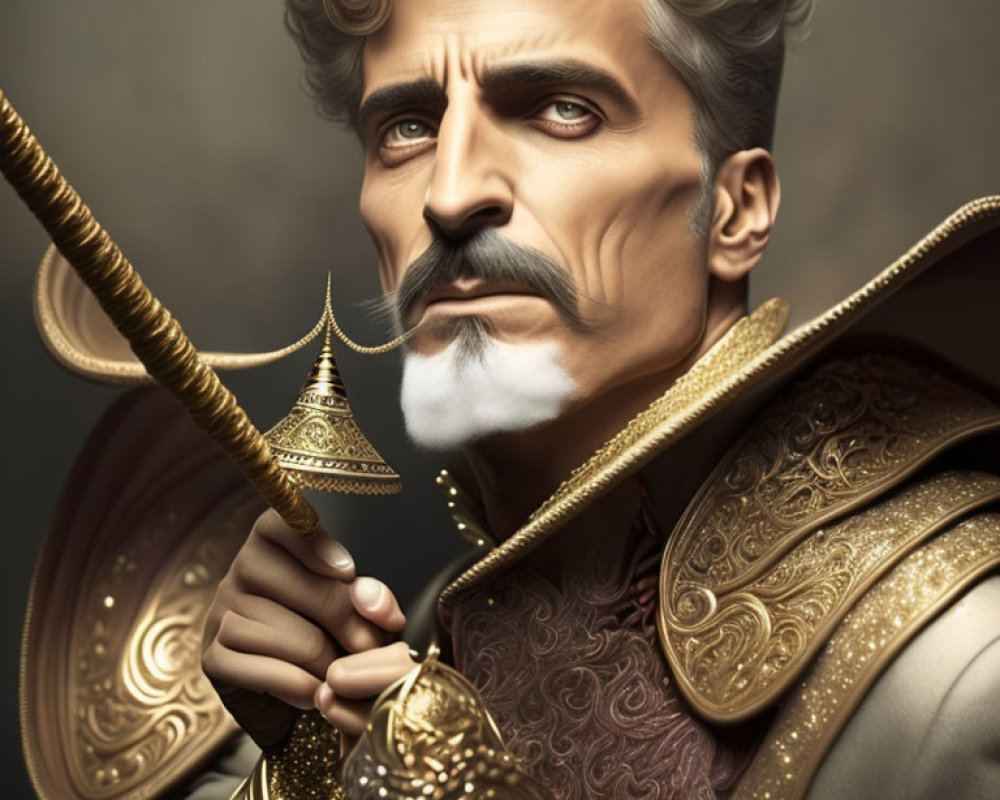 Regal man with mustache in golden armor holding scepter