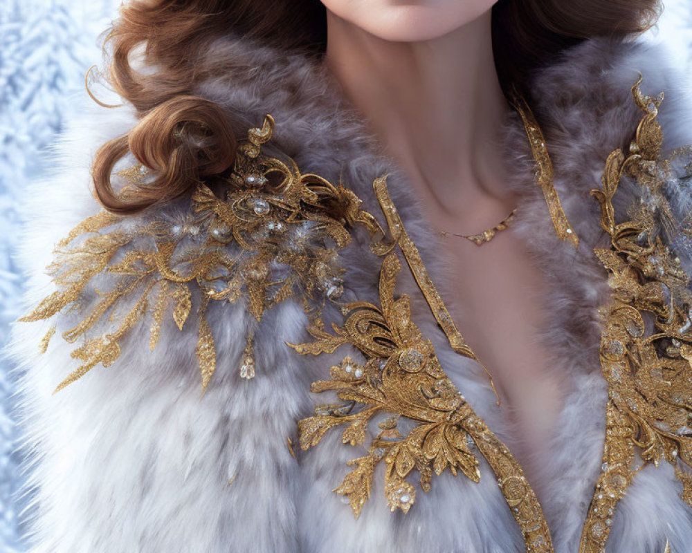 Curly-haired woman in fur coat with gold embroidery on snowy backdrop