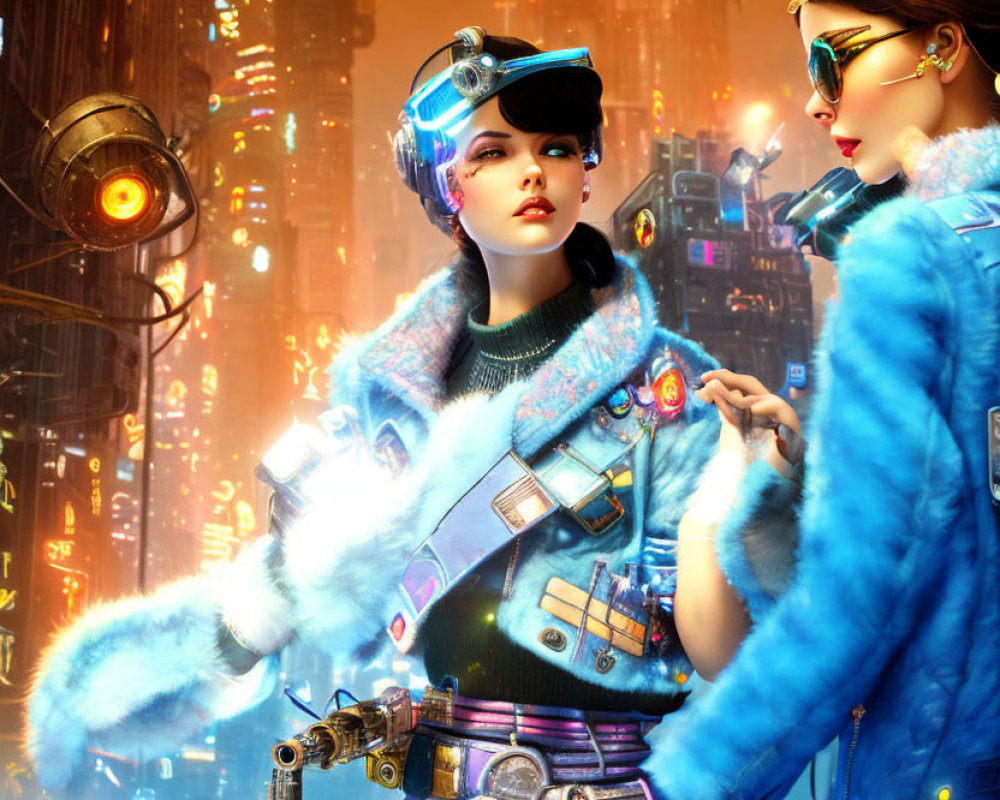 Futuristic women with electronic accessories in neon cityscape