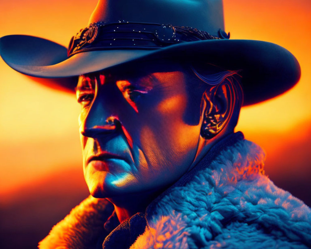 Cowboy hat-wearing man against orange sunset.