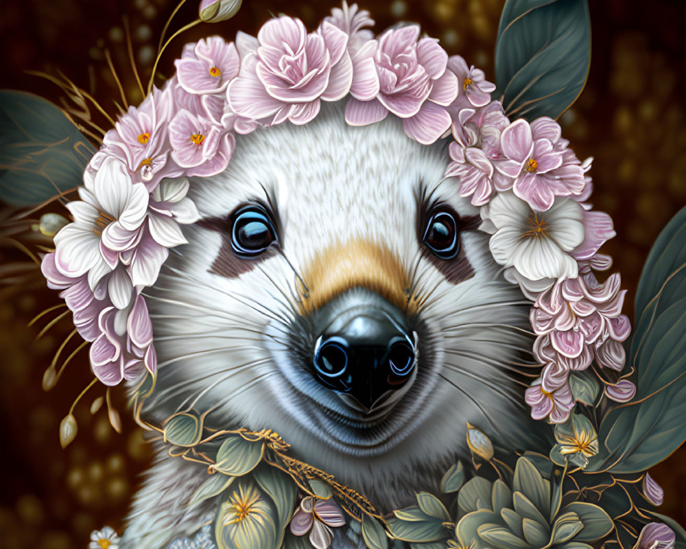 Smiling hedgehog with floral crown on dark background