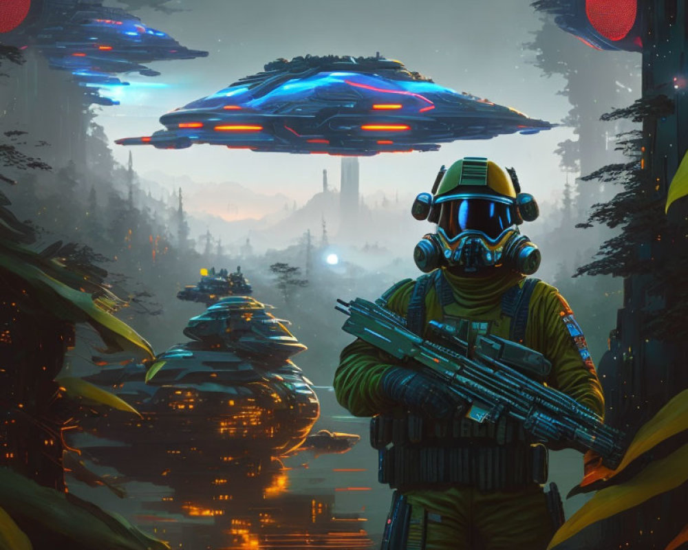 Futuristic soldier in green armor observes flying saucers in misty forest