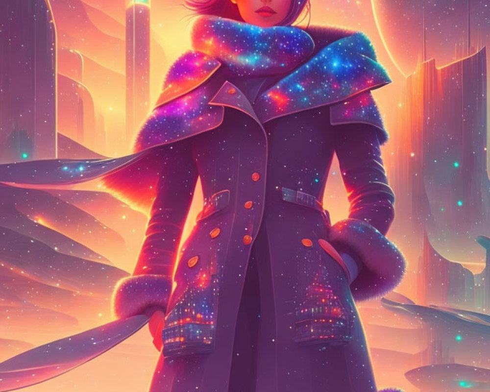 Woman in cosmic coat against futuristic cityscape in pink and purple hues