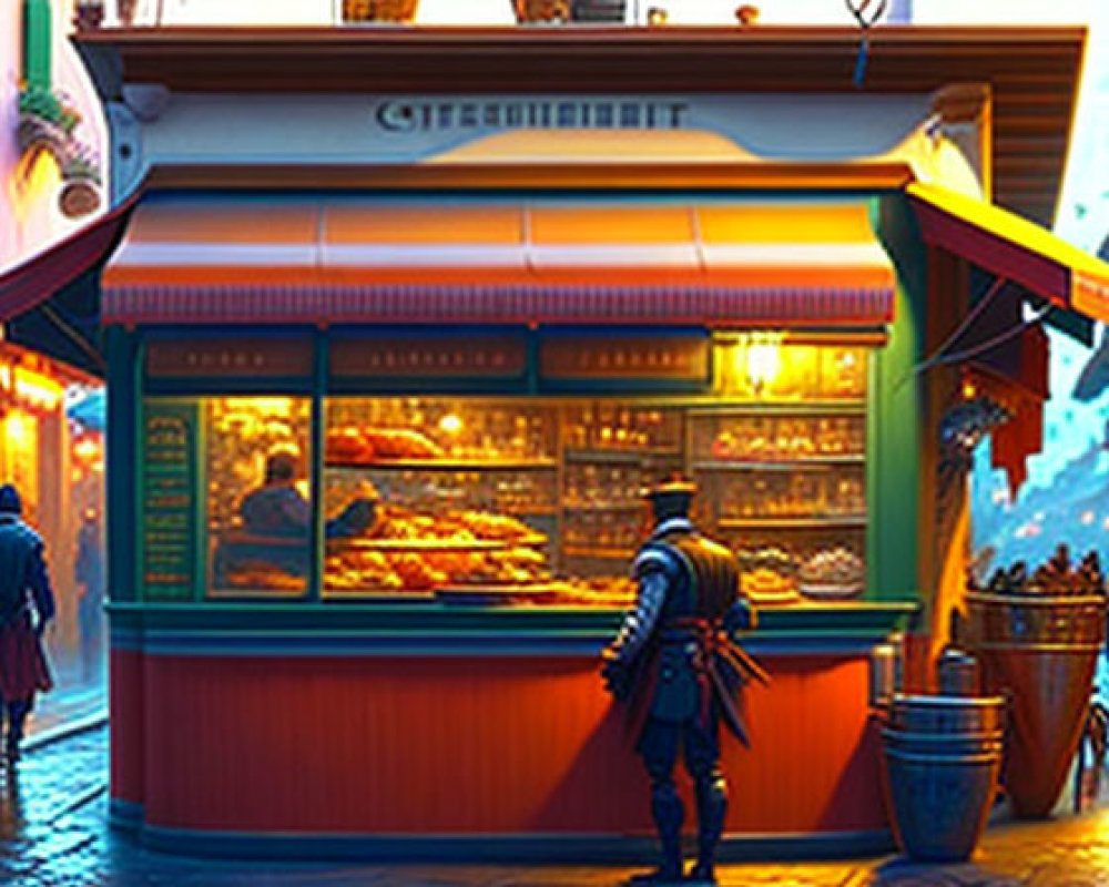 Busy Dusk Street Scene with Lit Pastry Shop and Ambient Light