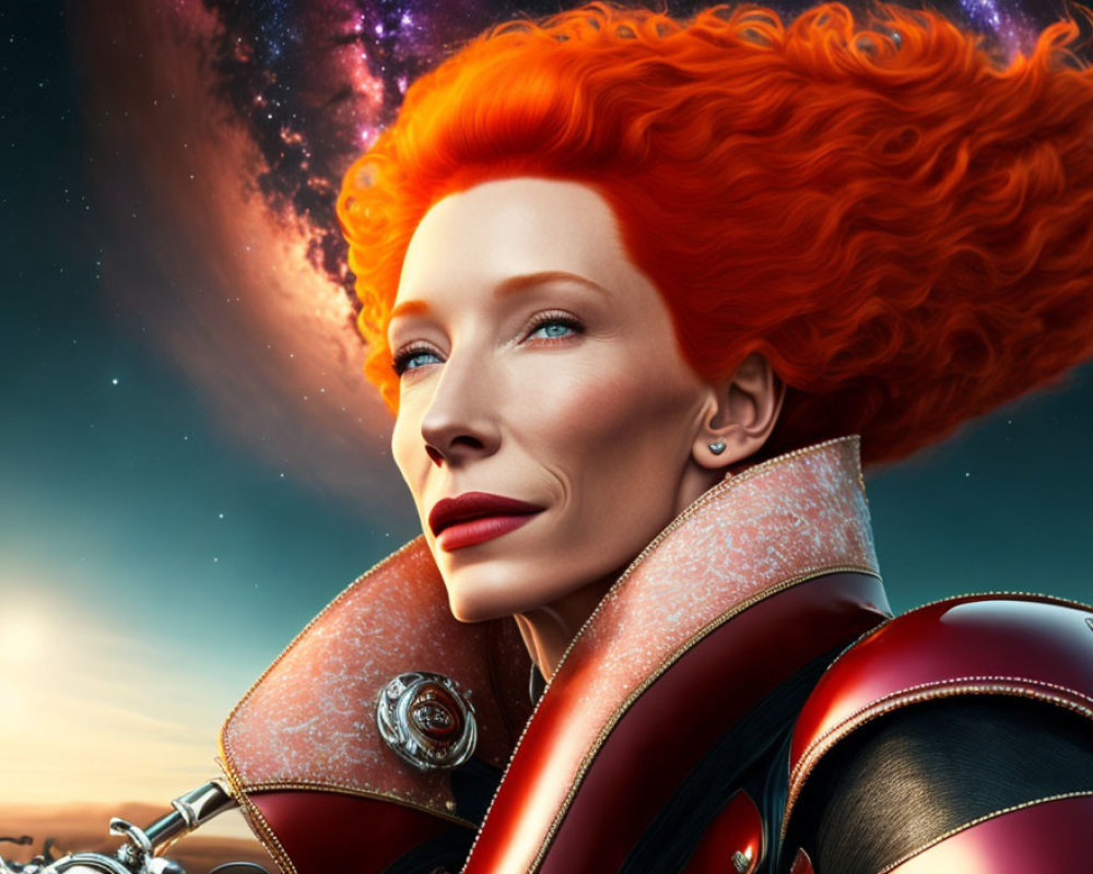 Digital art portrait of woman with red hair in cybernetic suit on cosmic background