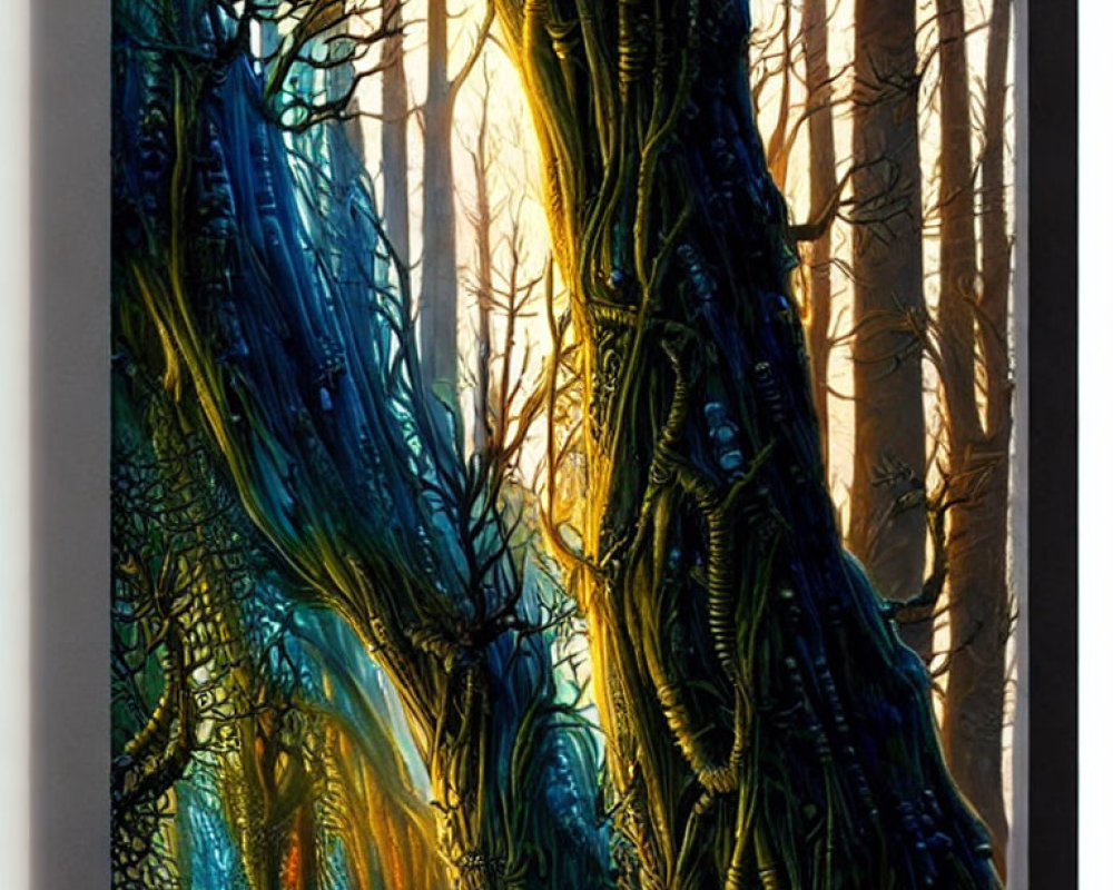 Detailed Painting of Mystical Forest with Twisted Trees