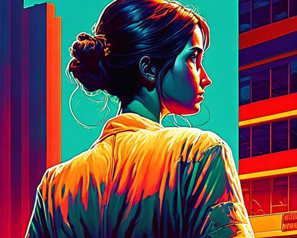 Profile of woman with high bun and hoop earrings against neon cityscape