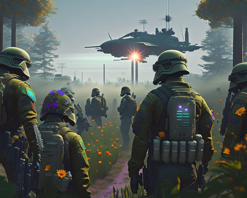 Advanced futuristic soldiers in forest with hover tank under tense sun.