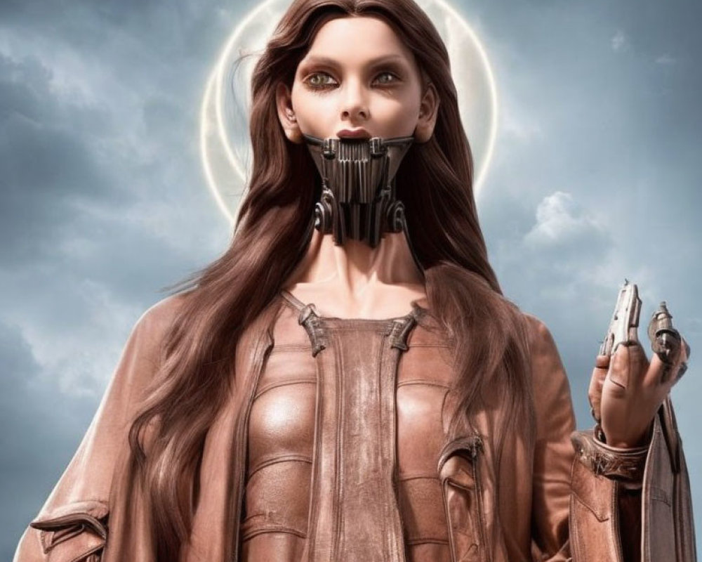 Female figure with mechanical jaw, halo, brown hair, and futuristic gadget in digital art.