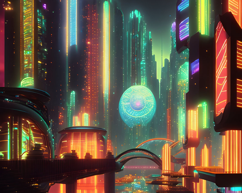 Futuristic cityscape at night with neon-lit skyscrapers & spherical structure.