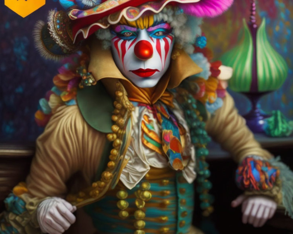 Colorful Clown in Ornate Costume with Painted Face and Whimsical Hat