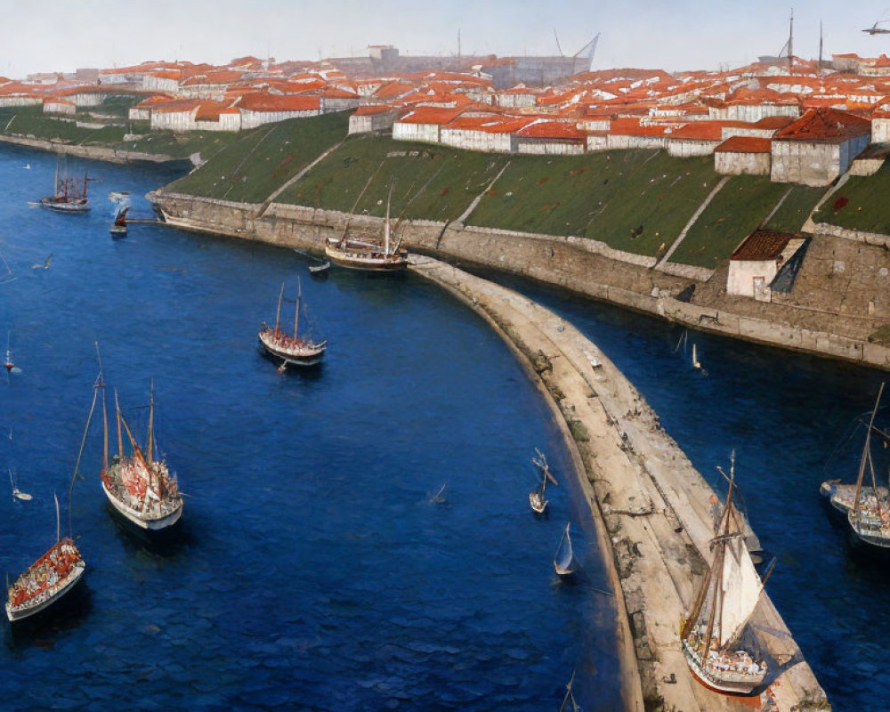 Historic fortified city by the sea with sailboats in blue waters