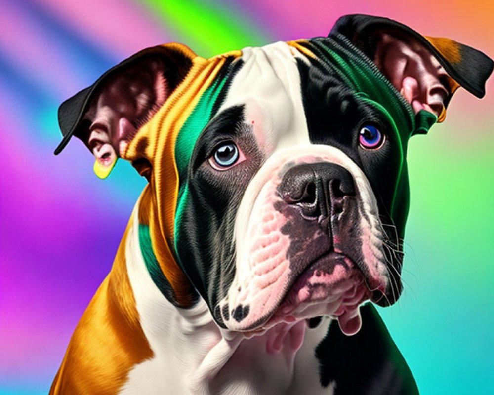 Vibrant multicolored dog with rainbow background